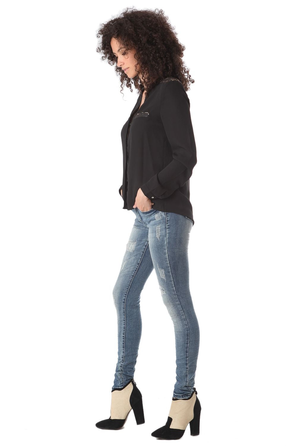 Jean skinny en délavage bleu moyen avec découleurations légères