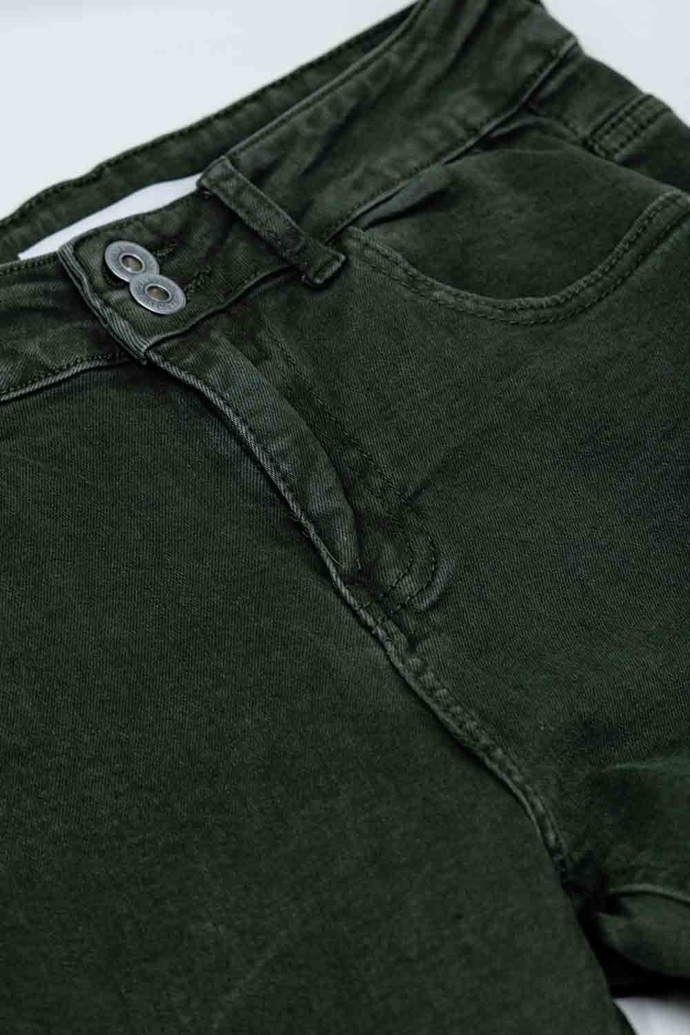 Jean skinny évasé à double boutonnage en kaki