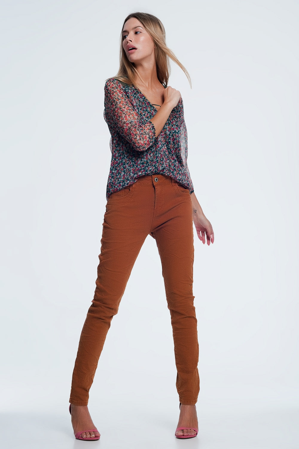 jean skinny orange avec entrejambe bas