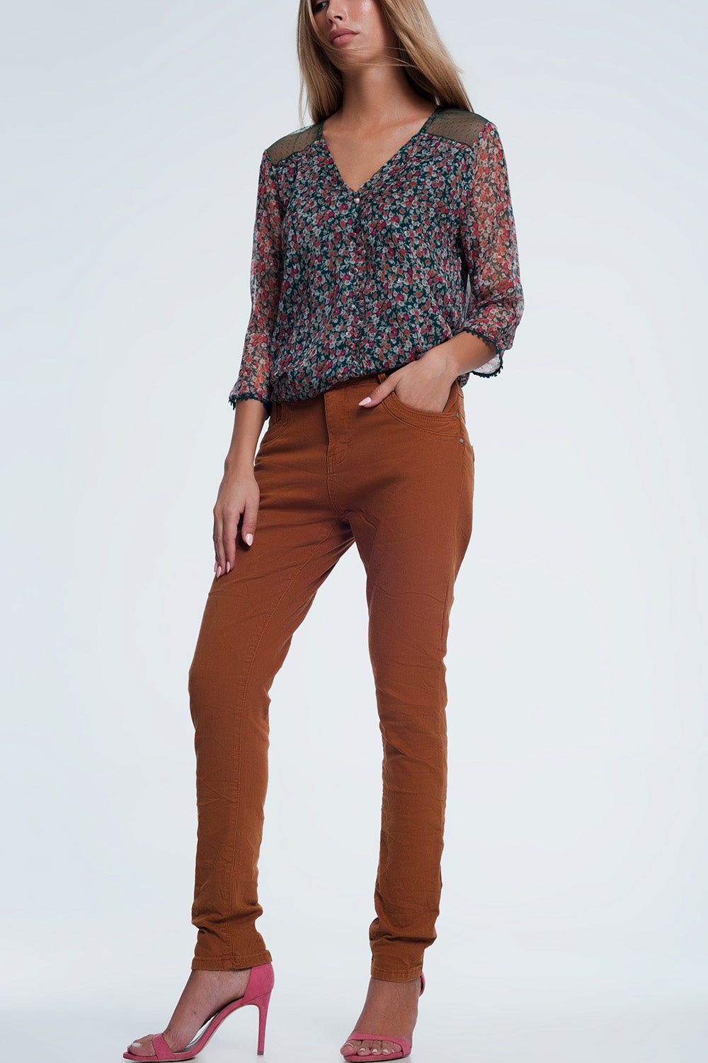 jean skinny orange avec entrejambe bas