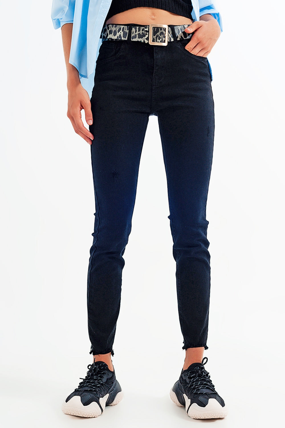 Jean skinny stretch à ourlets découpés Noir