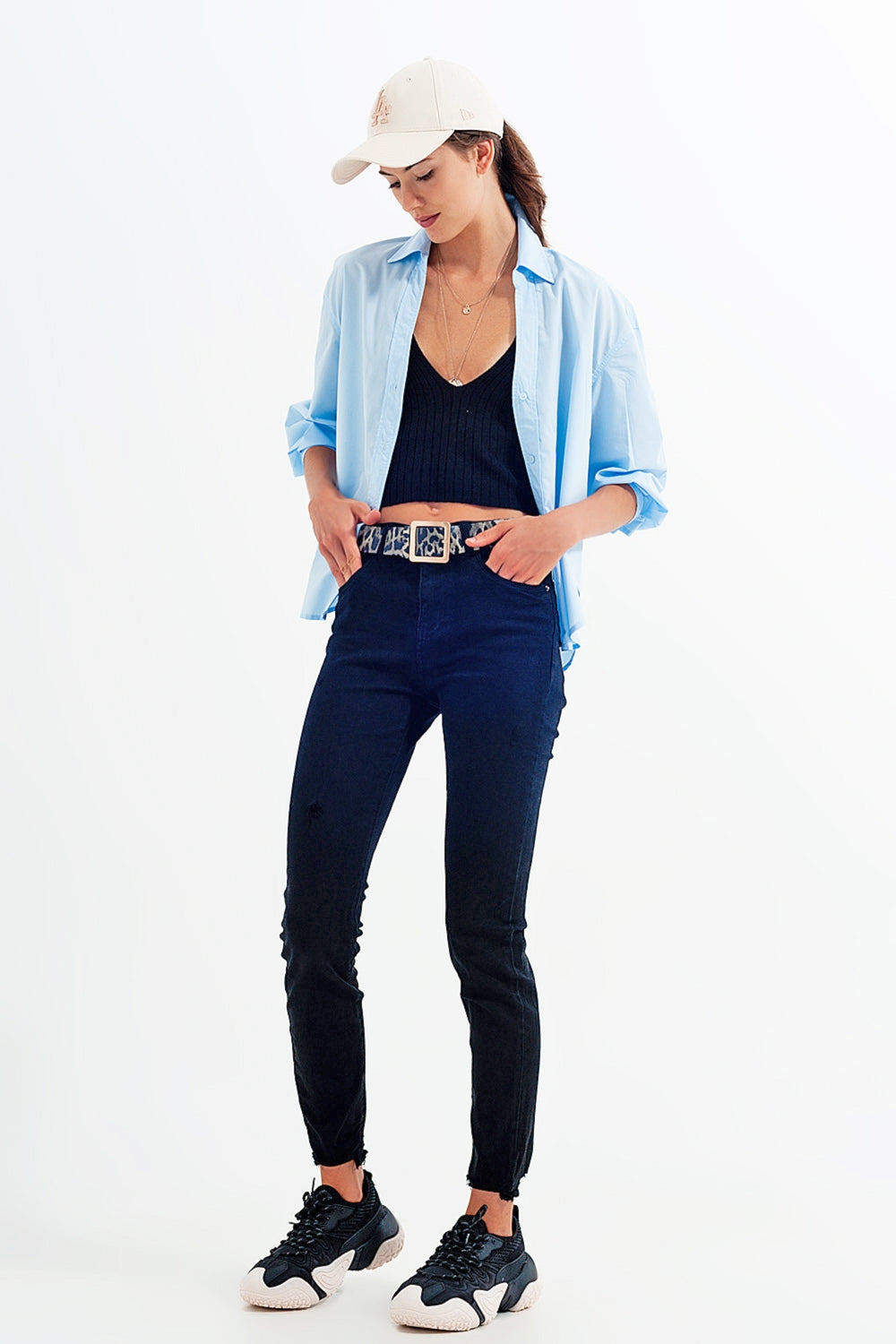 Jean skinny stretch à ourlets découpés Noir