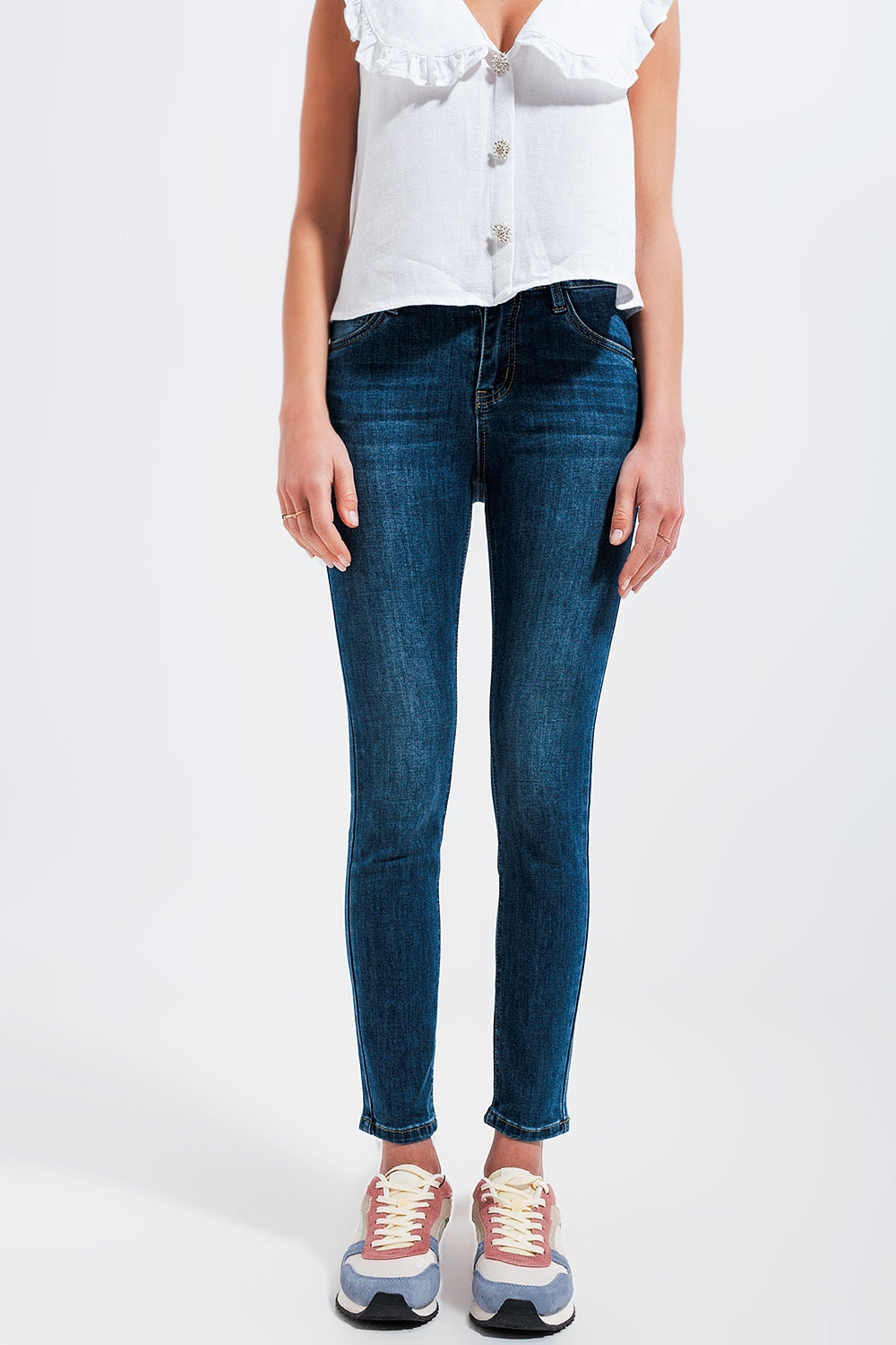 Jean skinny taille haute à délavage foncé