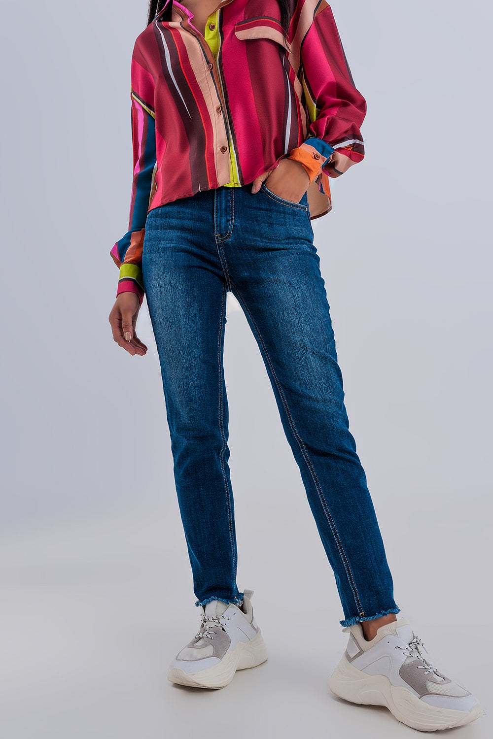 Jean skinny taille haute à ourlets bruts Bleu foncé