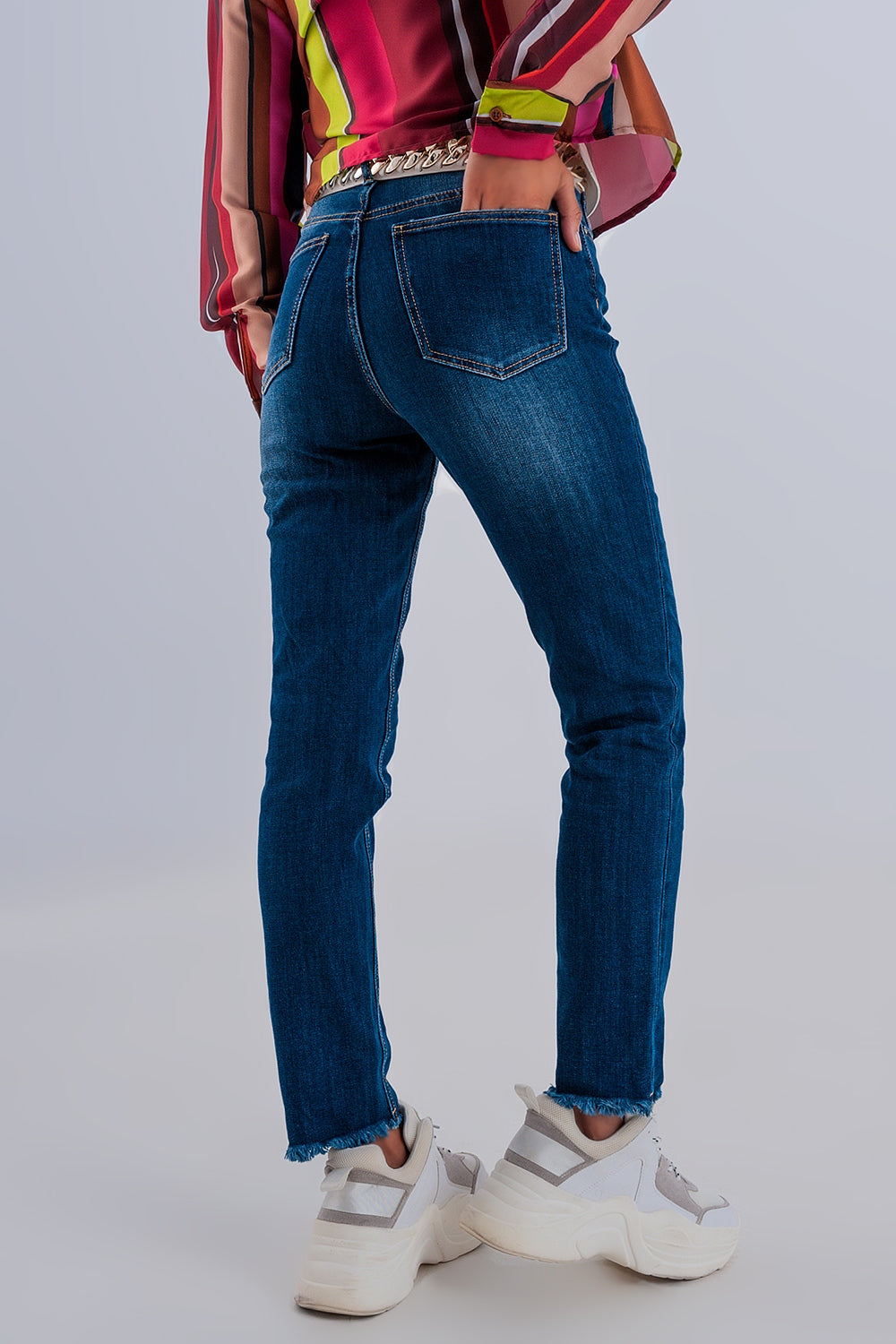 Jean skinny taille haute à ourlets bruts Bleu foncé