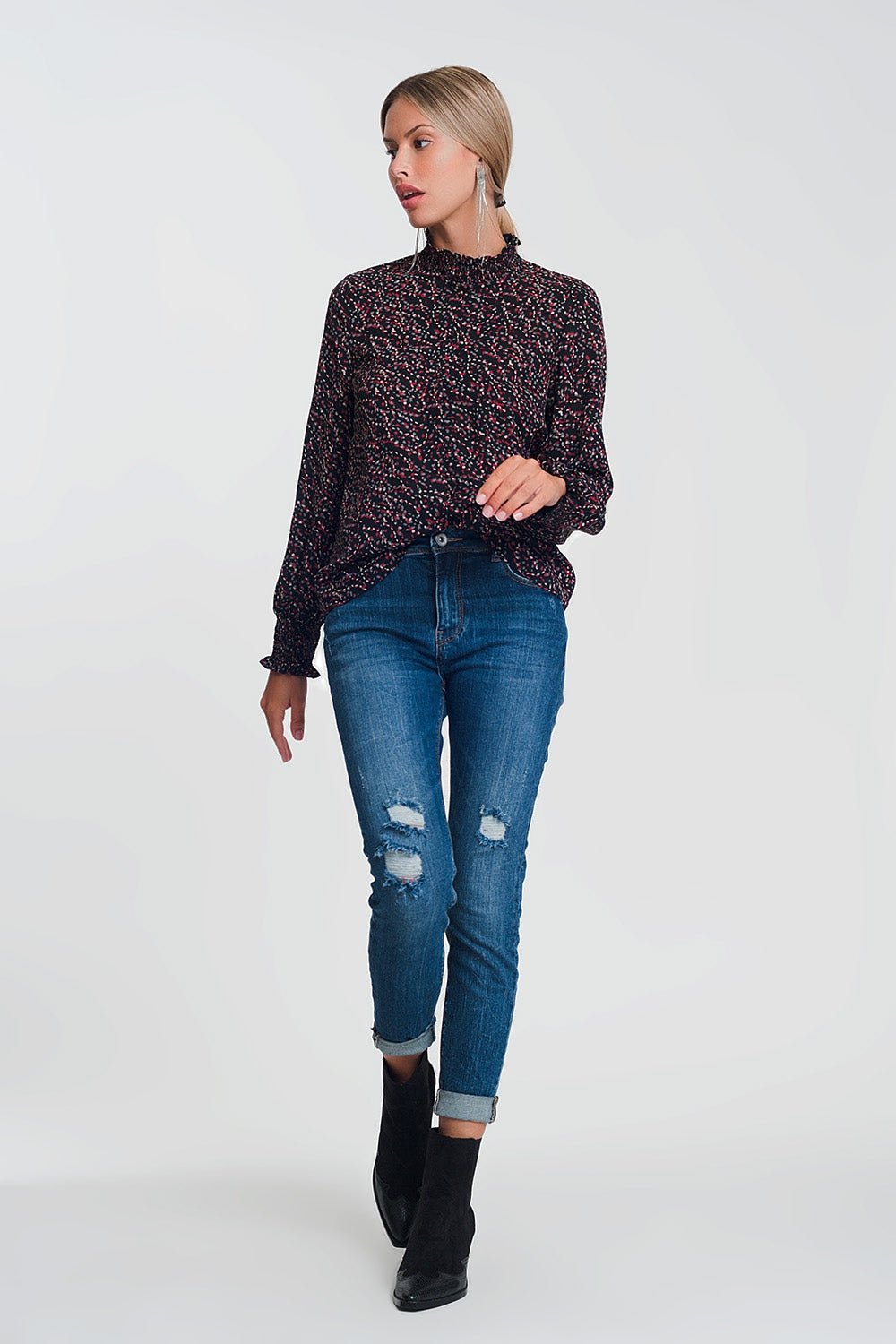 Jean skinny taille haute avec détails déchirés en Bleu délavage foncé