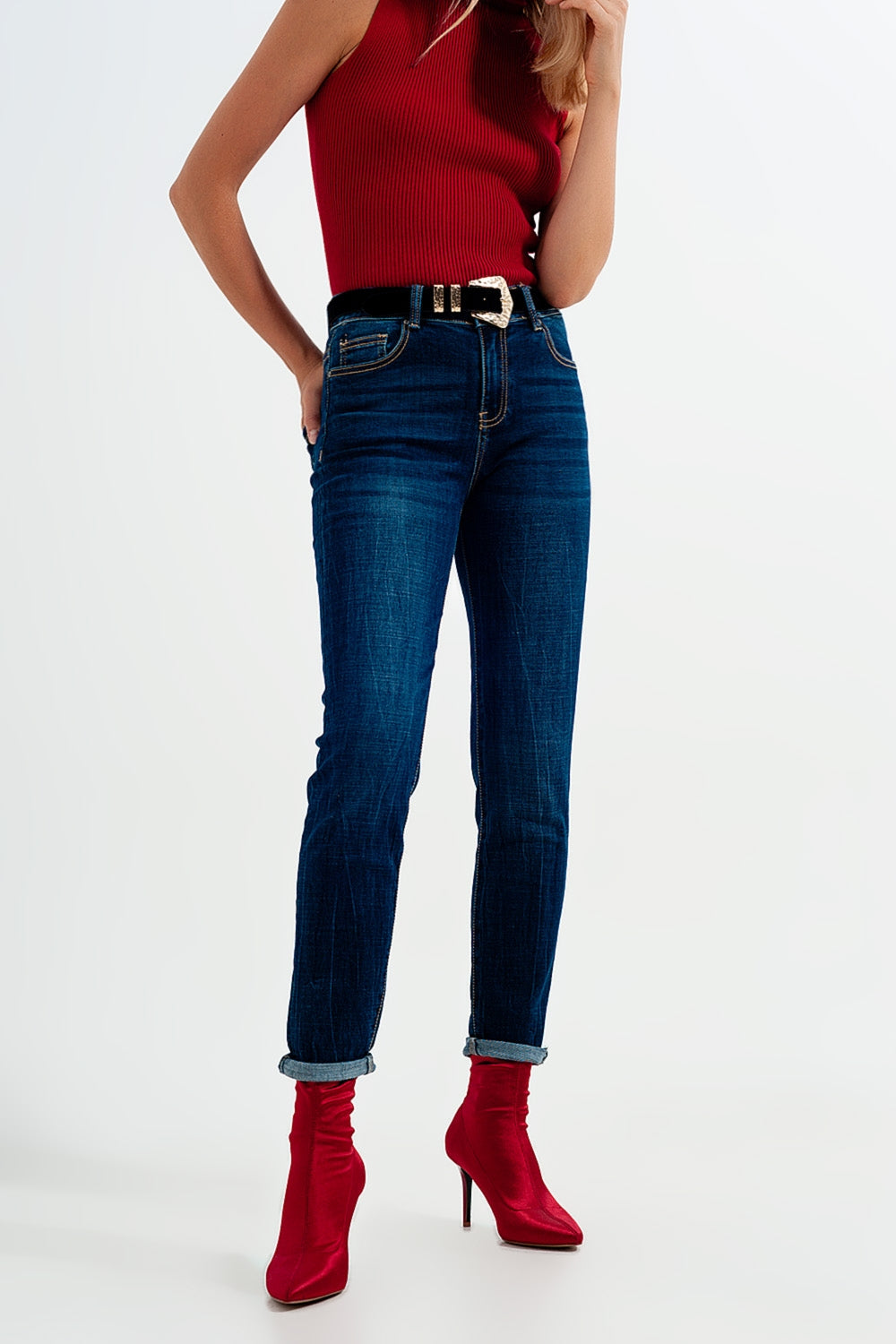 Jean skinny taille haute Délavage bleu