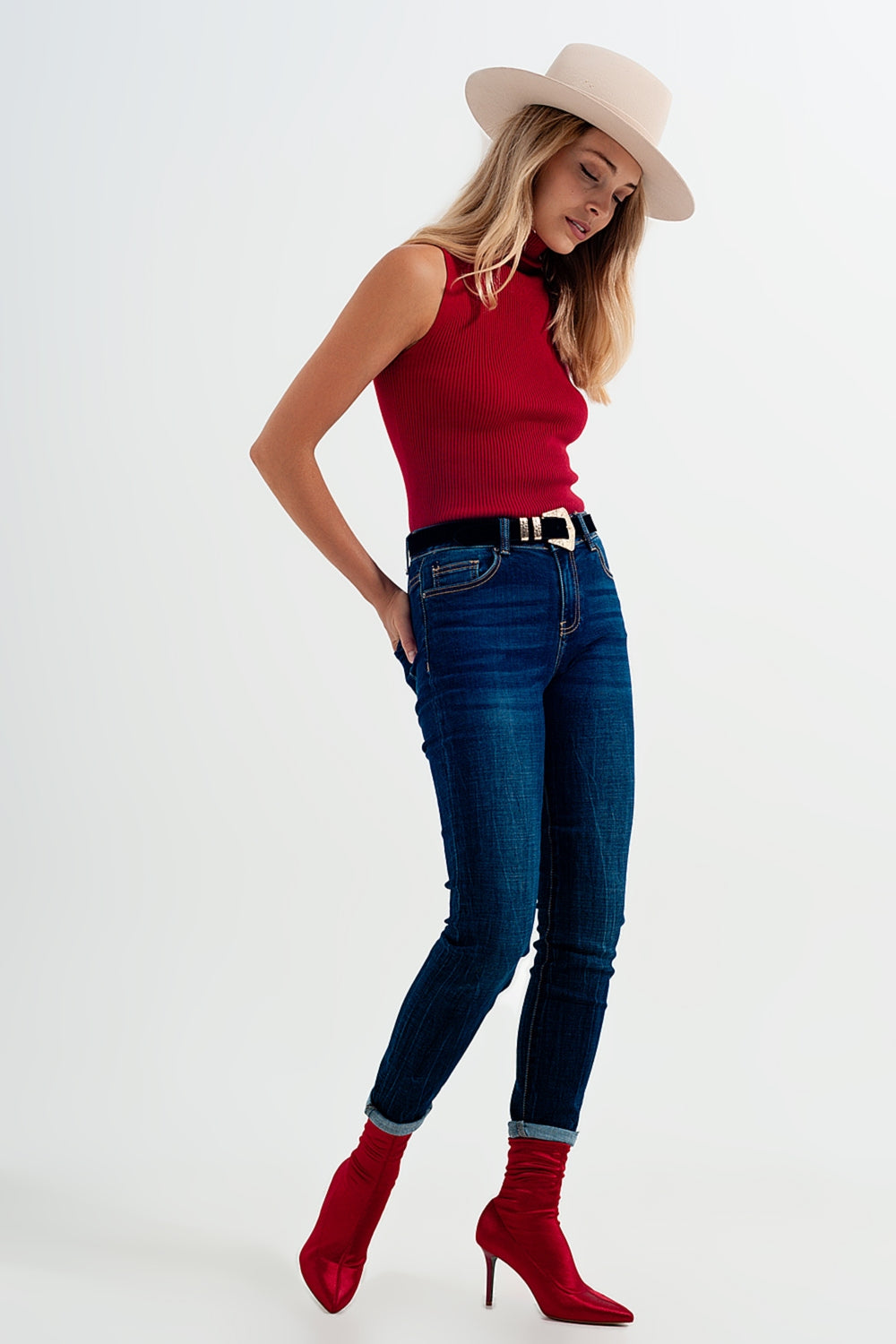 Jean skinny taille haute Délavage bleu