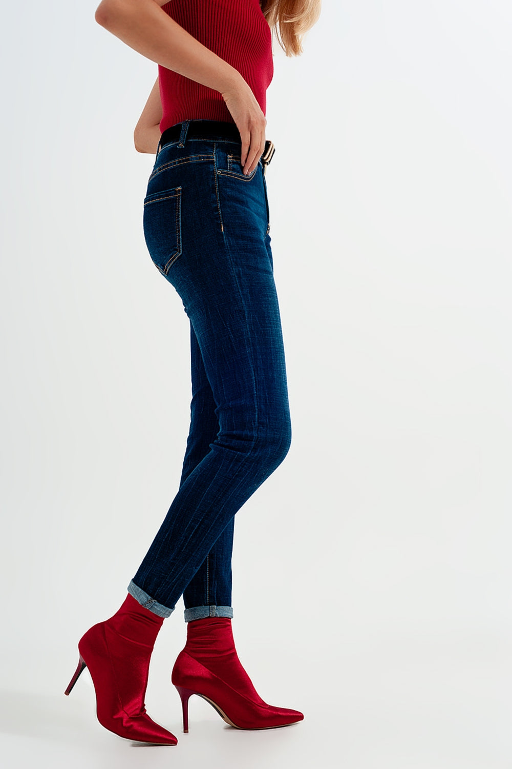 Jean skinny taille haute Délavage bleu