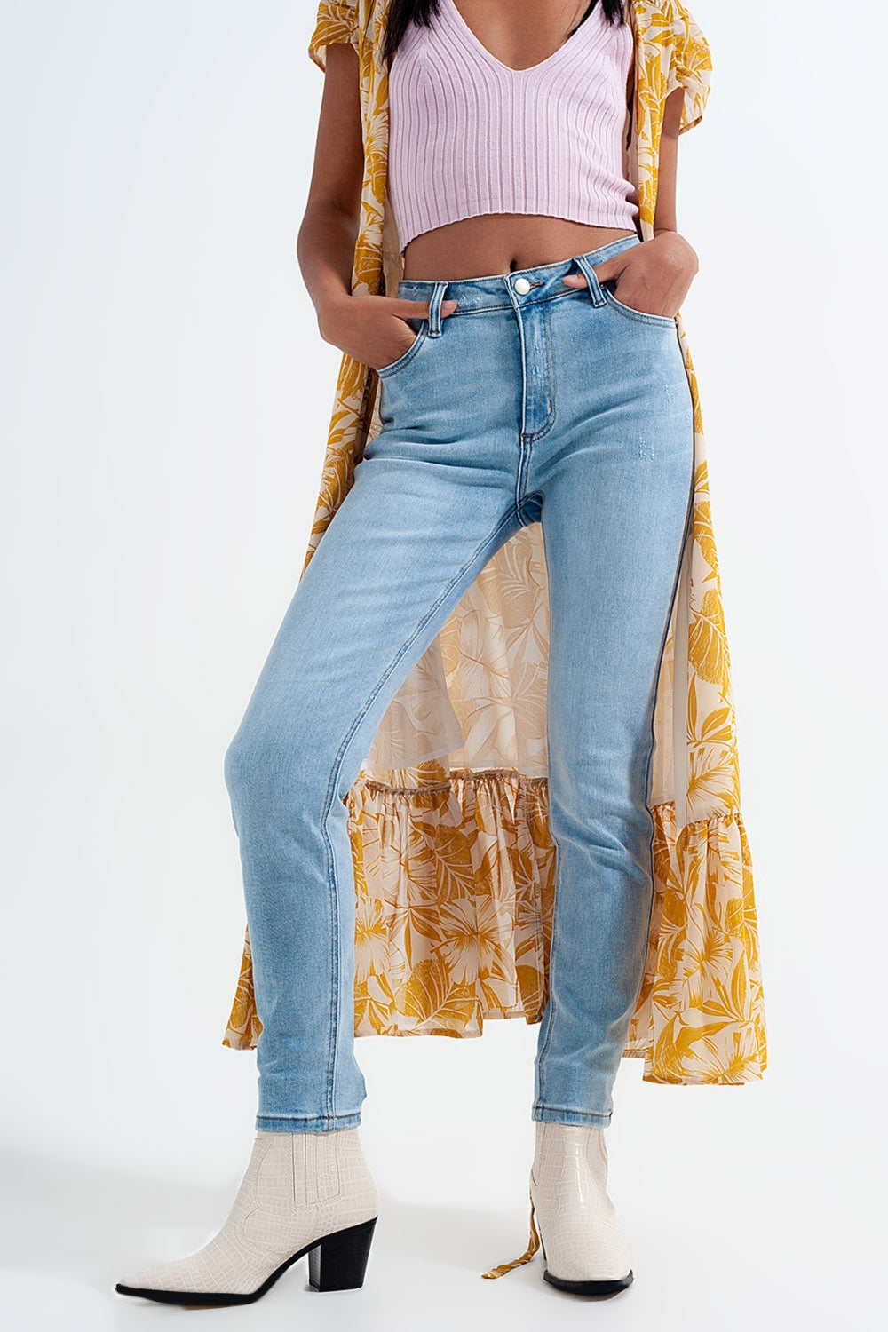 Jean skinny taille haute effet vintage Délavage clair