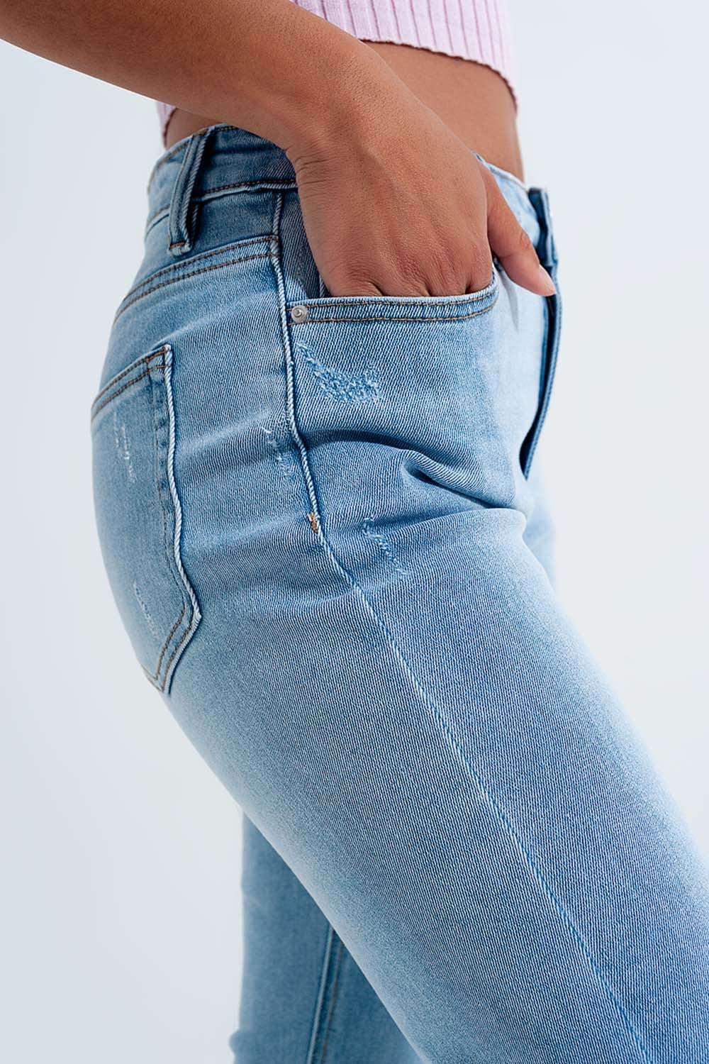 Jean skinny taille haute effet vintage Délavage clair