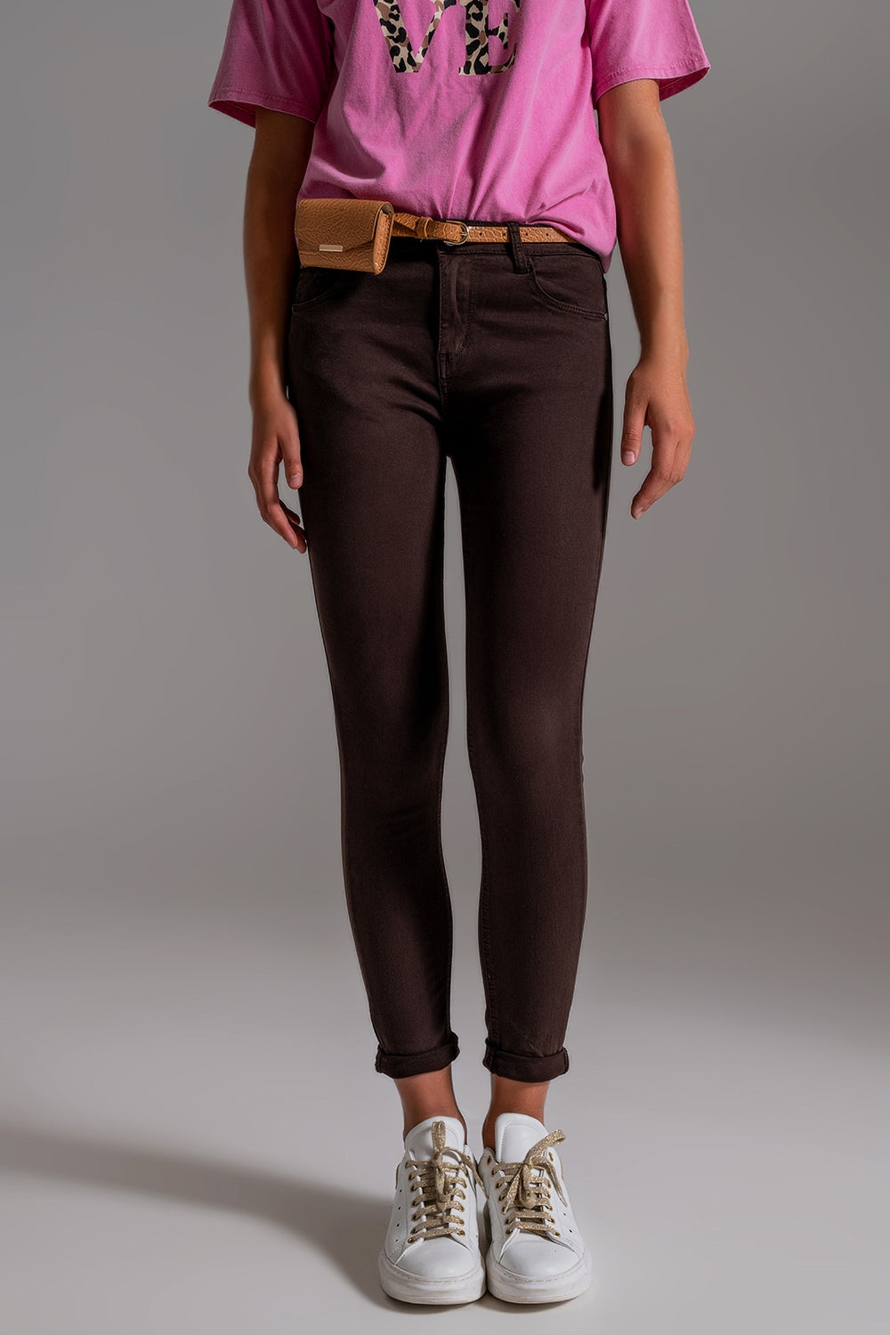 Jean skinny taille haute en marron