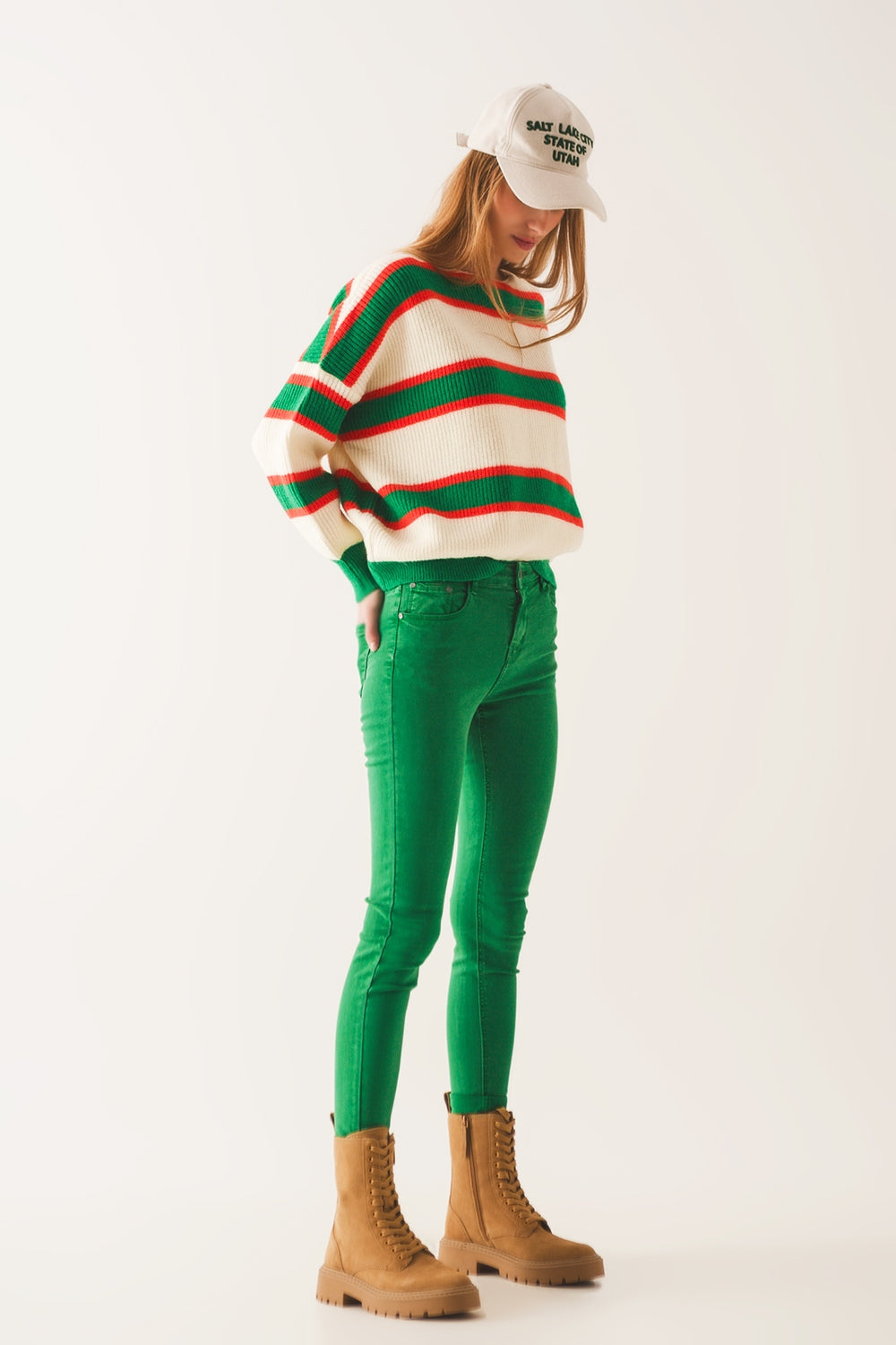 Jean skinny taille haute en vert