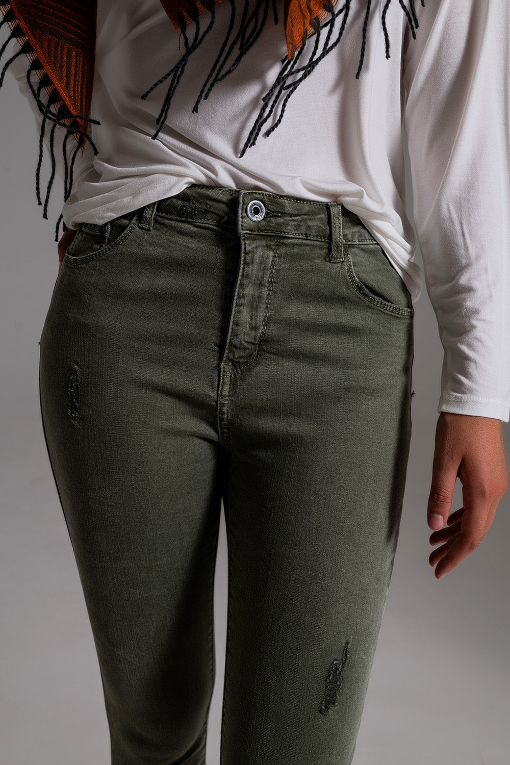 Jean skinny taille haute kaki