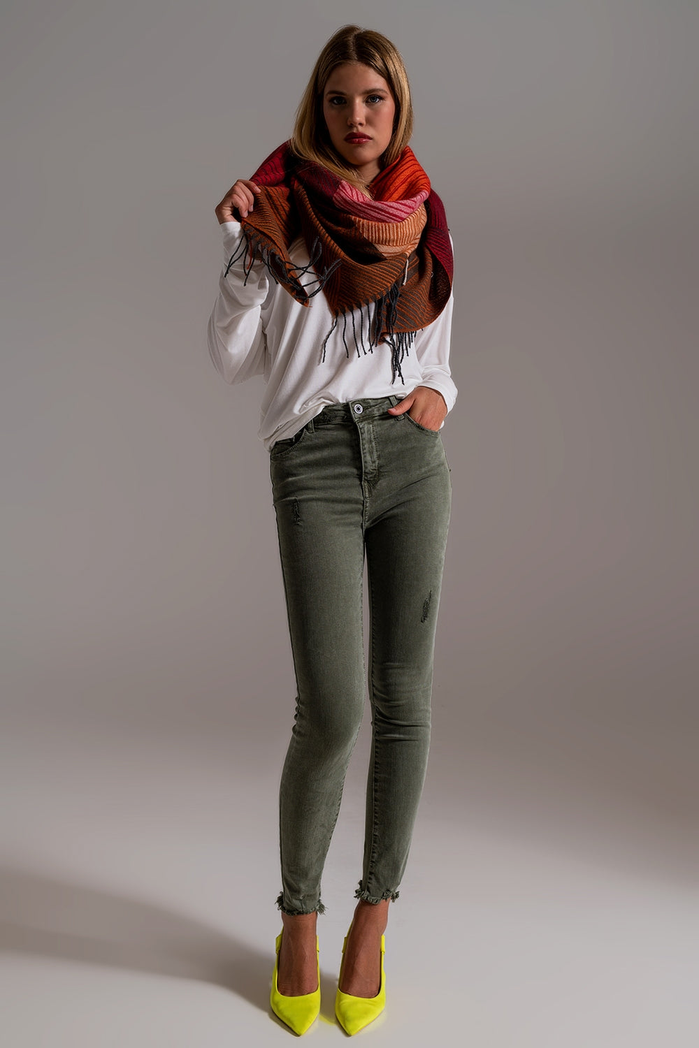 Jean skinny taille haute kaki