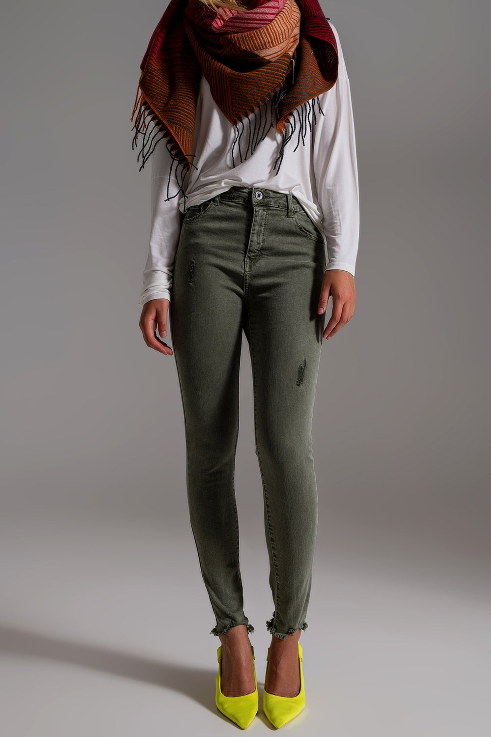 Jean skinny taille haute kaki