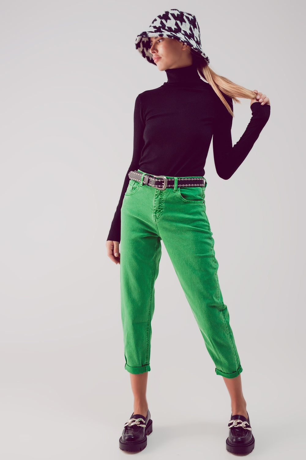 Jean slouchy à taille mi haute en coton vert
