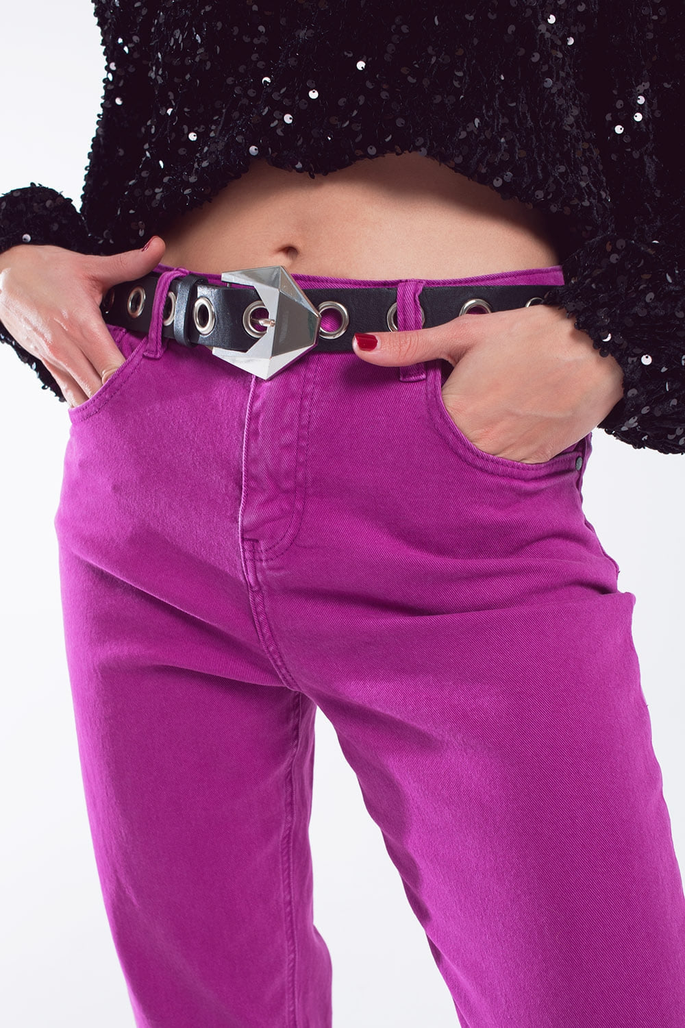 Jean slouchy à taille moyenne en coton Magenta