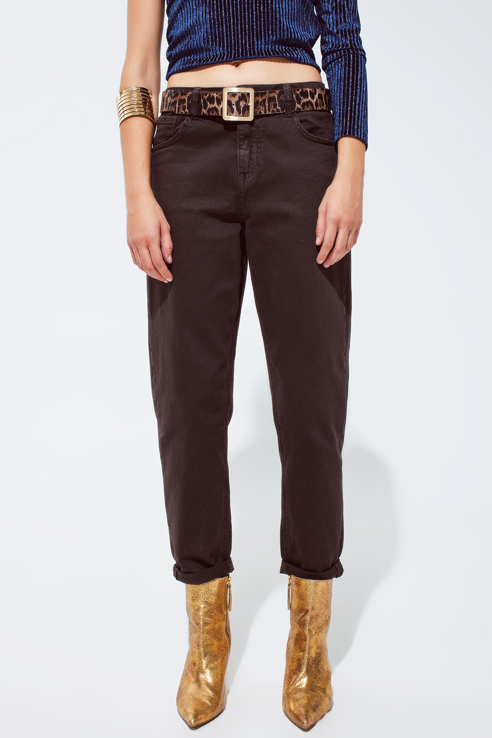 Q2 Jean slouchy à taille moyenne en coton marron chocolat