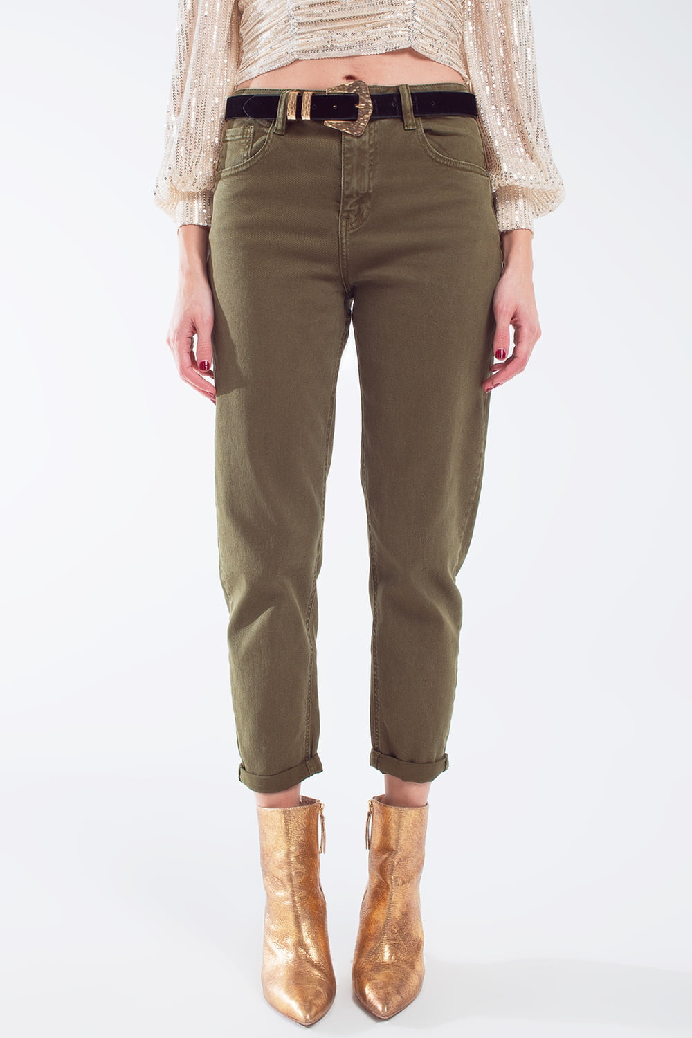 Q2 Jean slouchy en coton à taille moyenne en khaki sepia