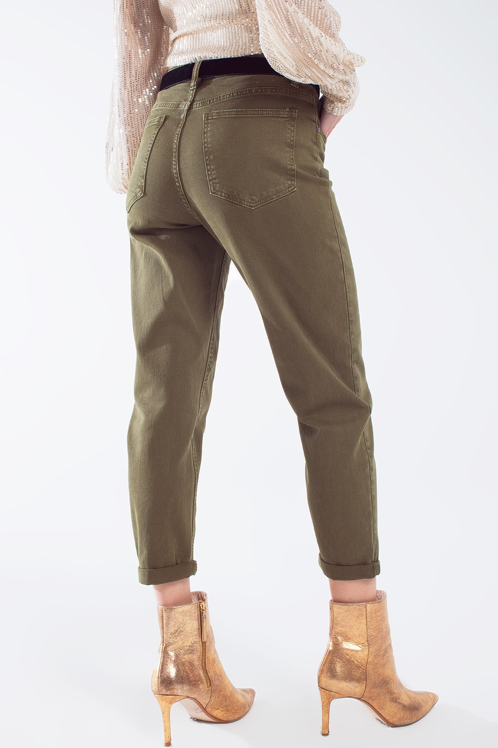 Jean slouchy en coton à taille moyenne en khaki sepia