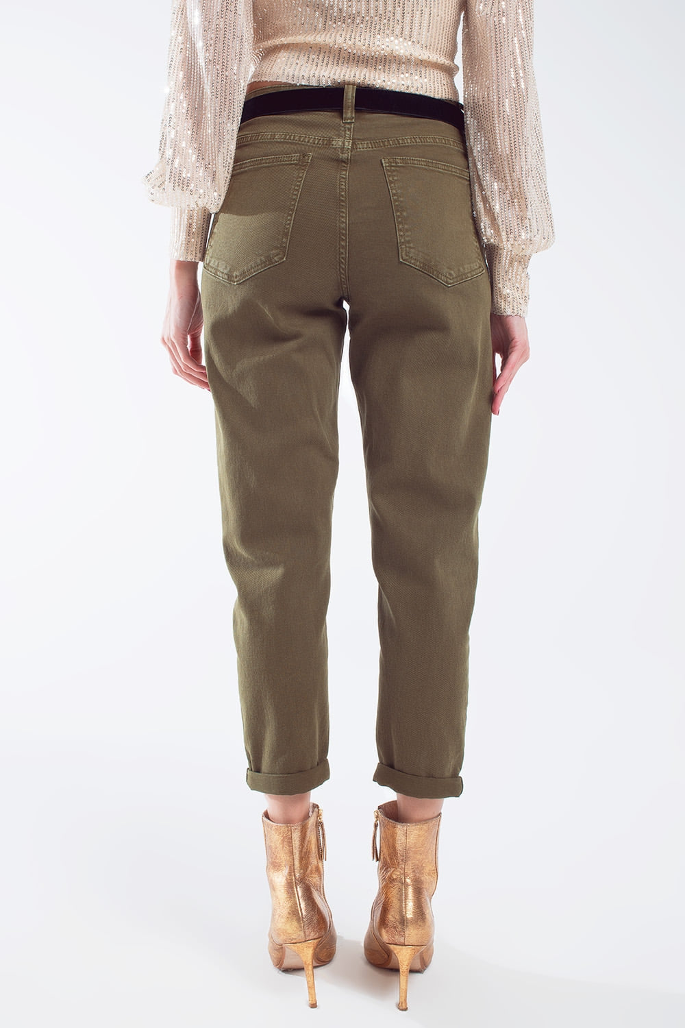 Jean slouchy en coton à taille moyenne en khaki sepia