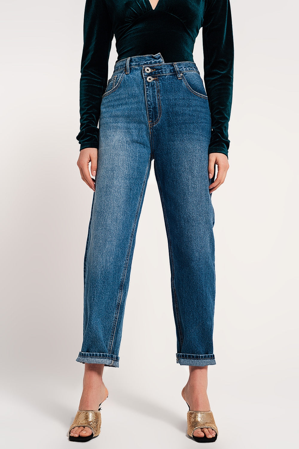 Jean straight avec bouton asymétrique Bleu moyen