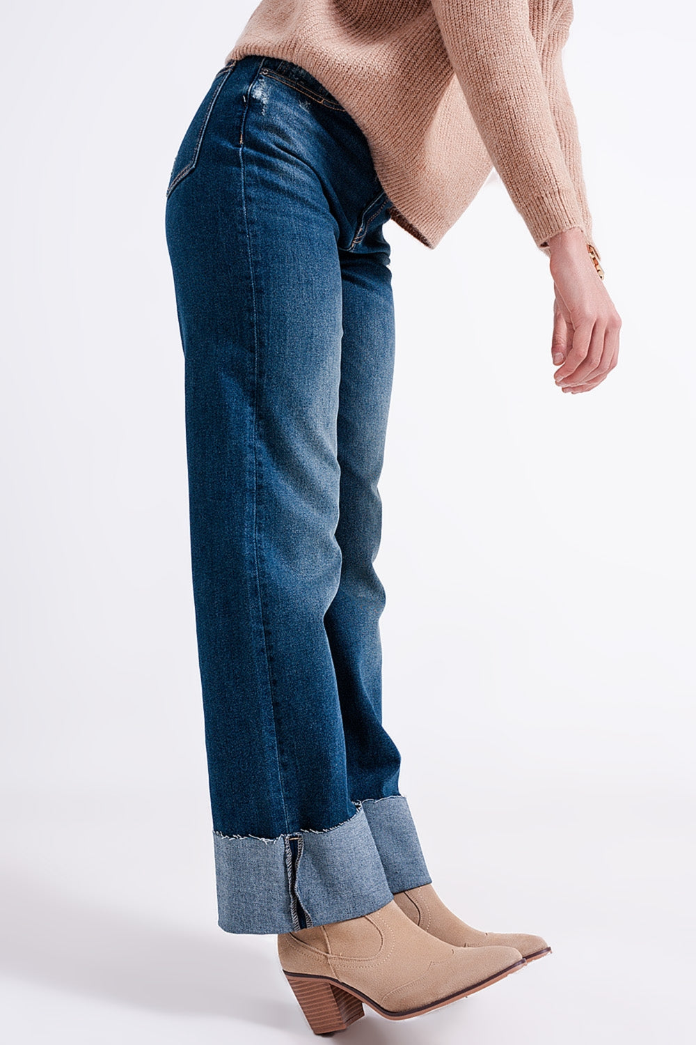 Q2 Jean straight taille haute à revers Bleu