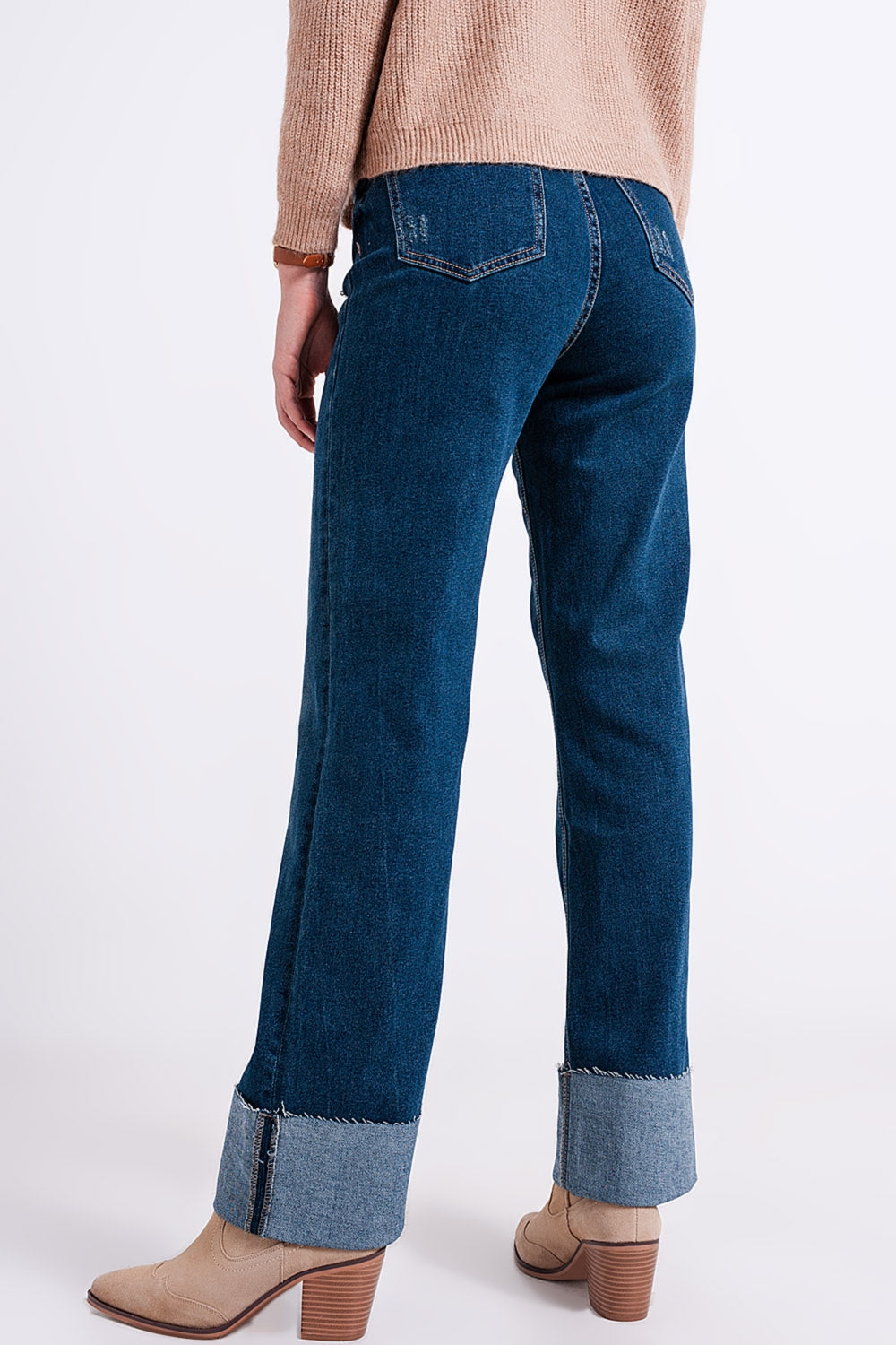 Jean straight taille haute à revers Bleu