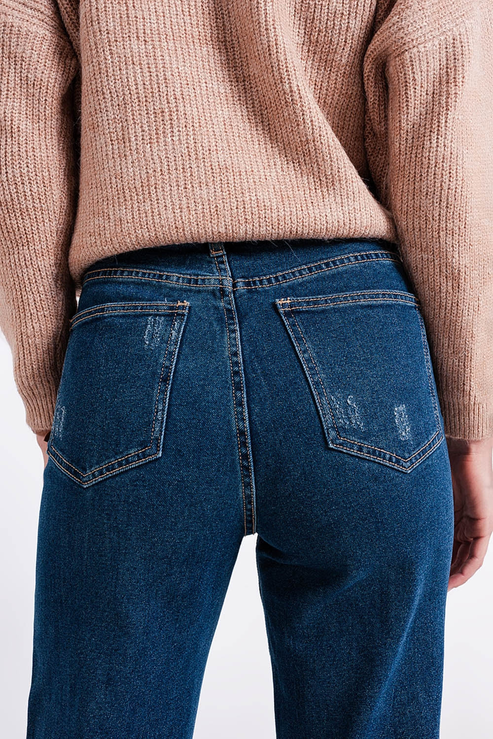 Jean straight taille haute à revers Bleu
