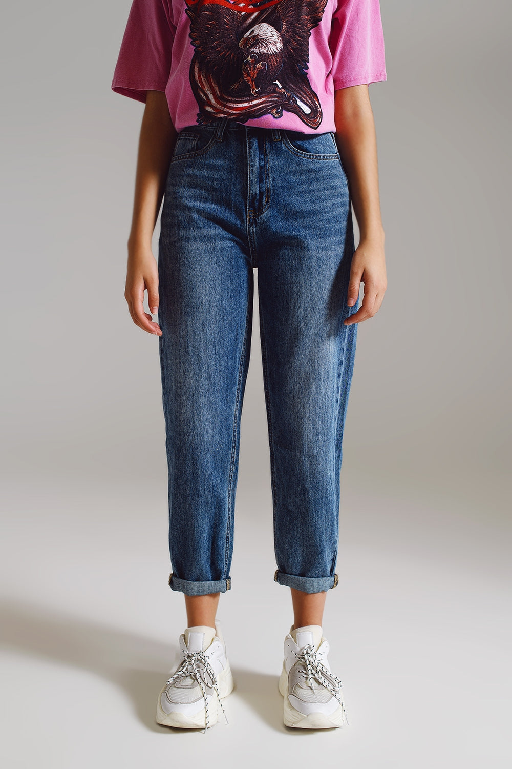 Q2 Jean style mom taille haute et mi-hauteur lavé
