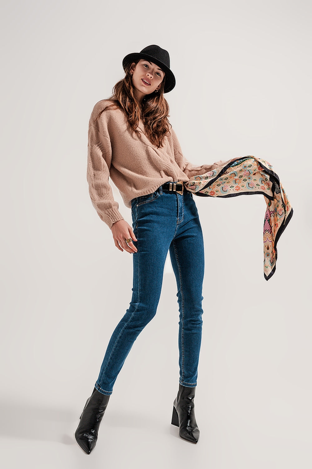 Q2 Jean super skinny bleu moyen de taille haute délavé