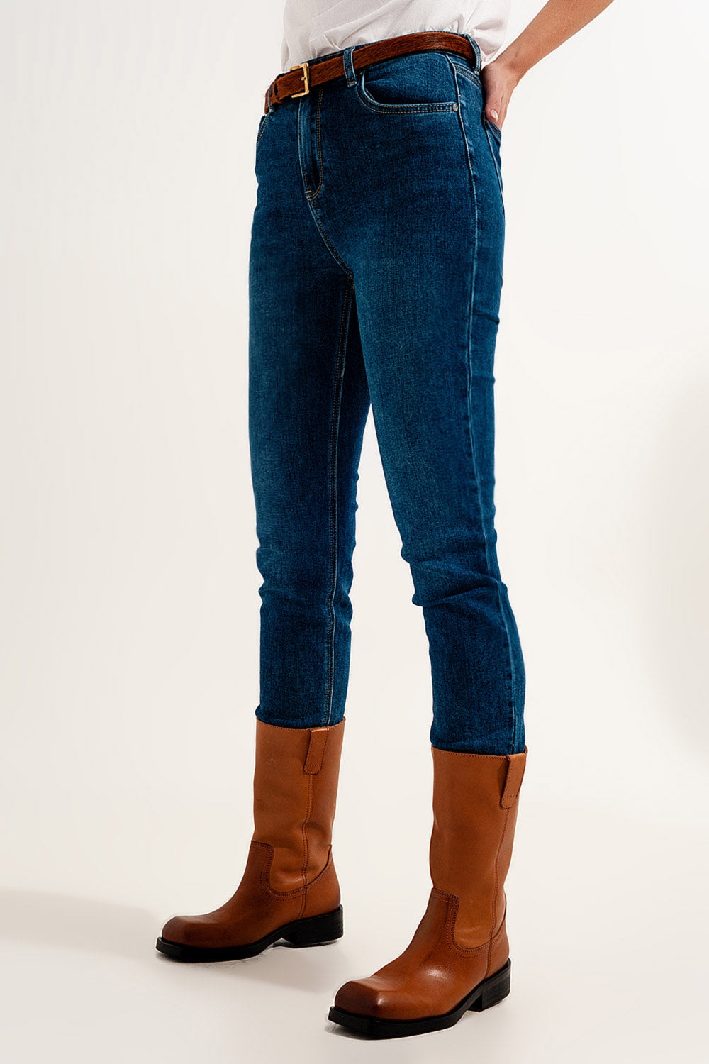 jean super skinny taille haute en bleu foncé avec élastique de haute qualité