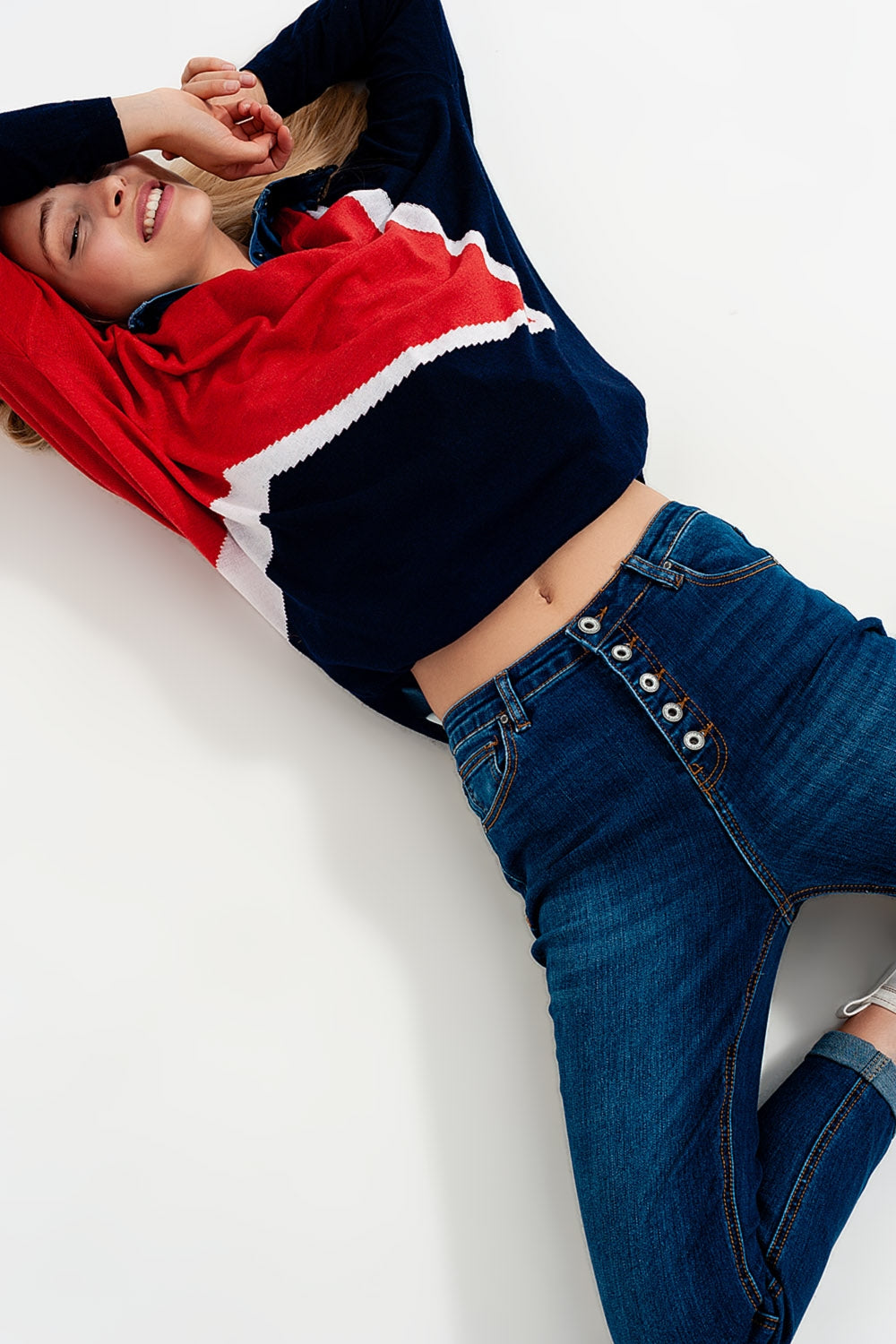 Q2 Jean taille haute avec boutons apprarents Bleu
