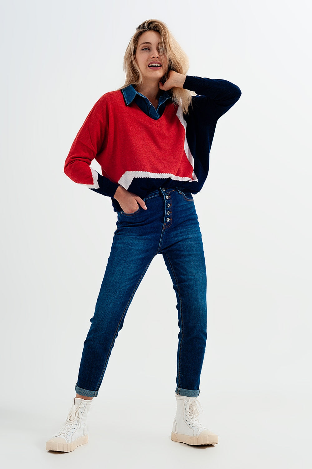 Jean taille haute avec boutons apprarents Bleu