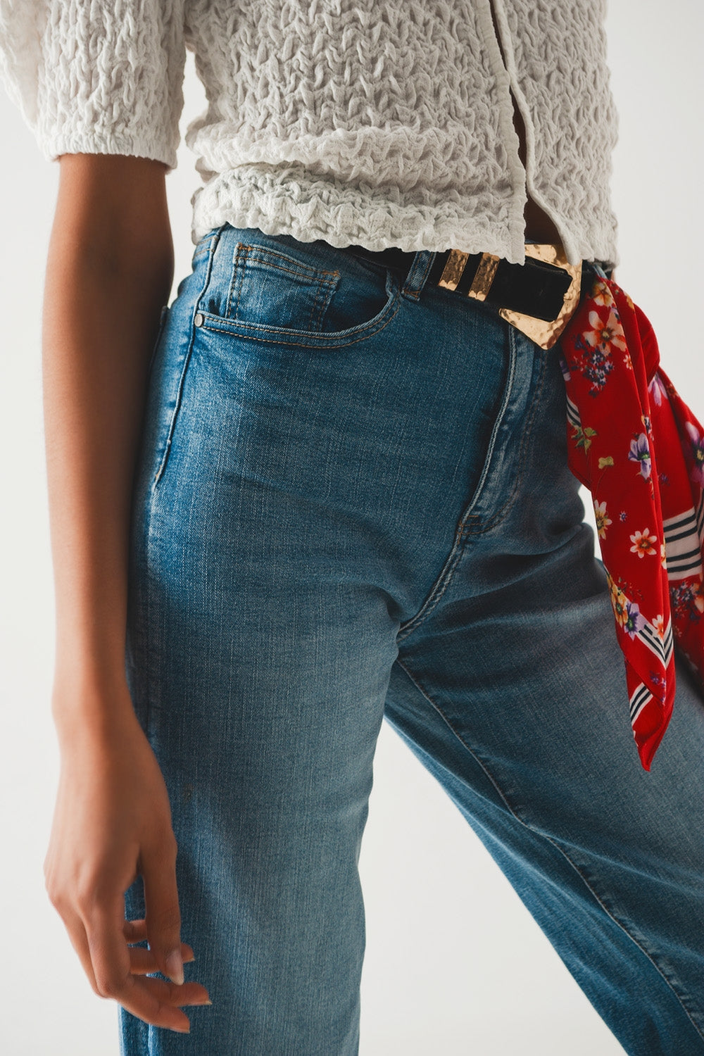 Jean taille haute coupe droite en coton Bleu