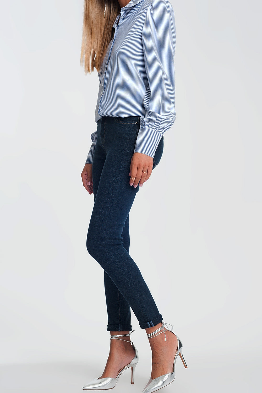 Jean taille haute effet scintillant lavage foncé