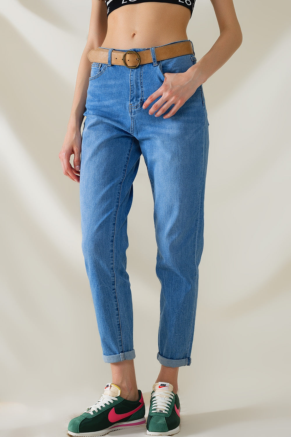 Jean taille haute en denim extensible moyennement délavé