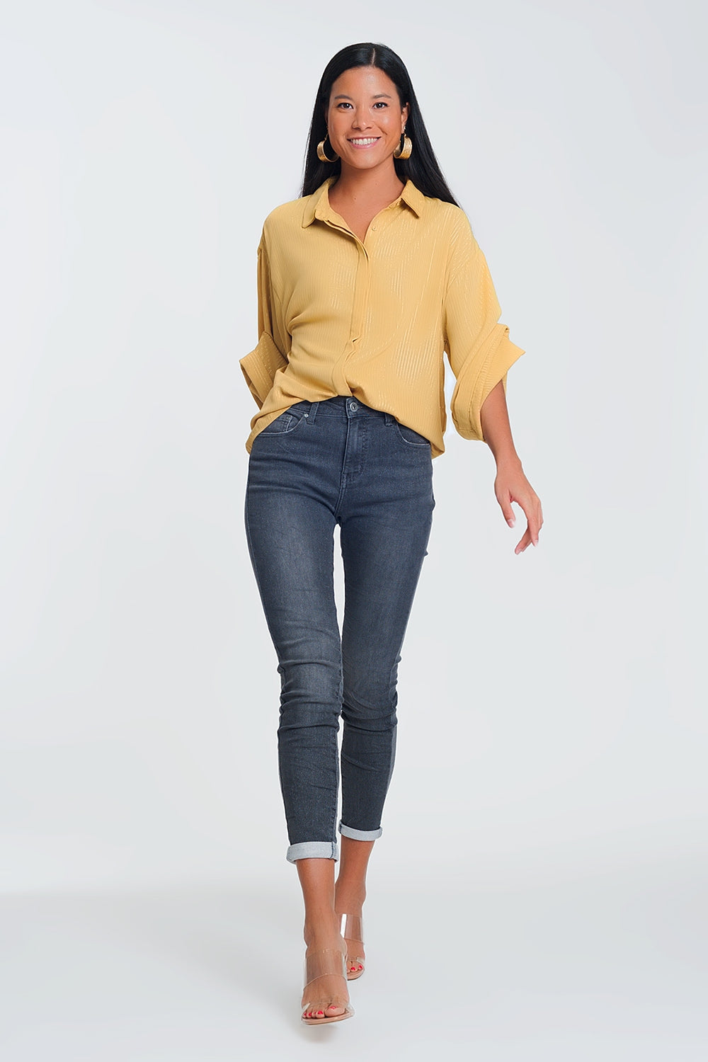 Jean taille haute en tissu pailleté