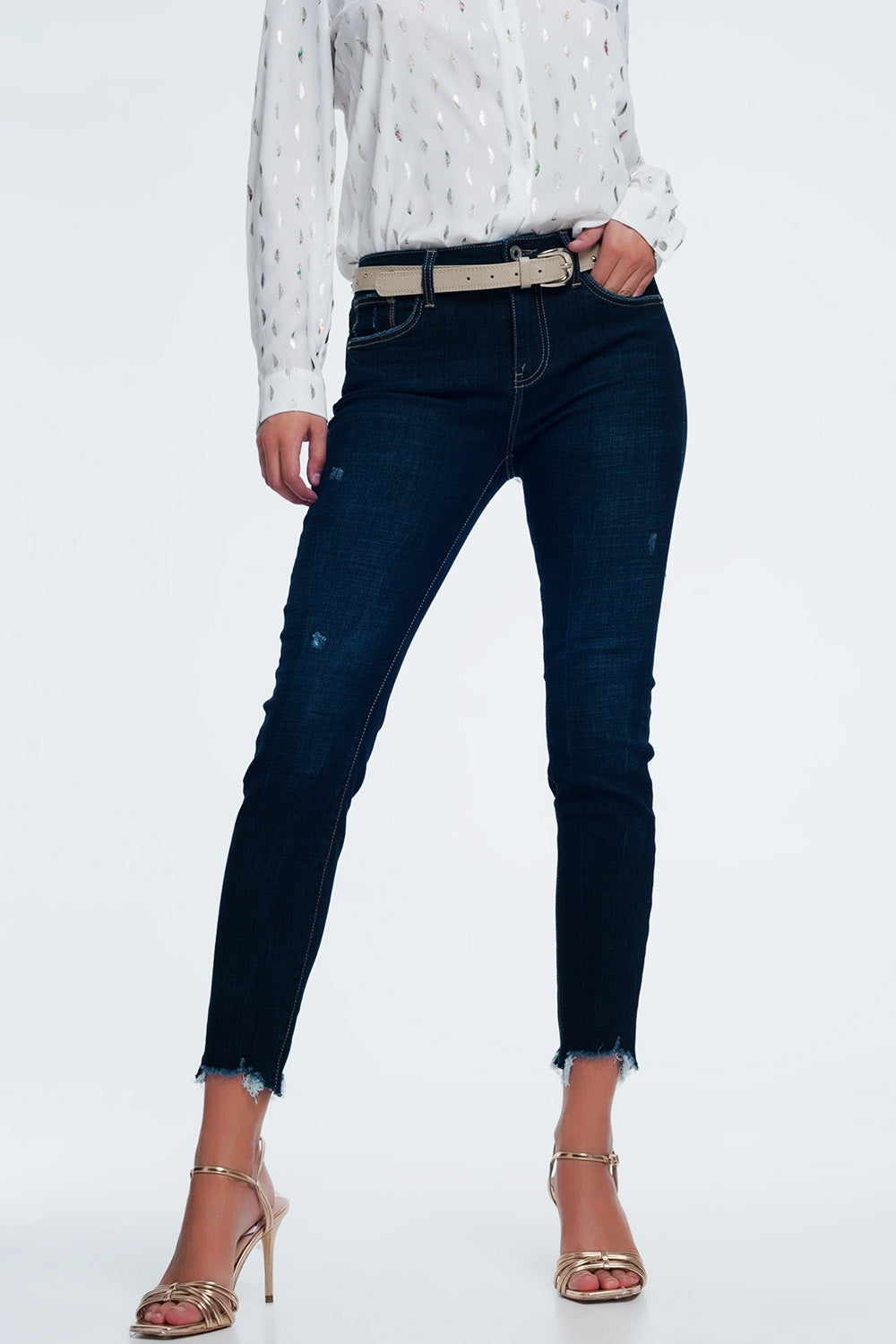 Jean taille mi-haute bleu vif délavé à ourlet brut