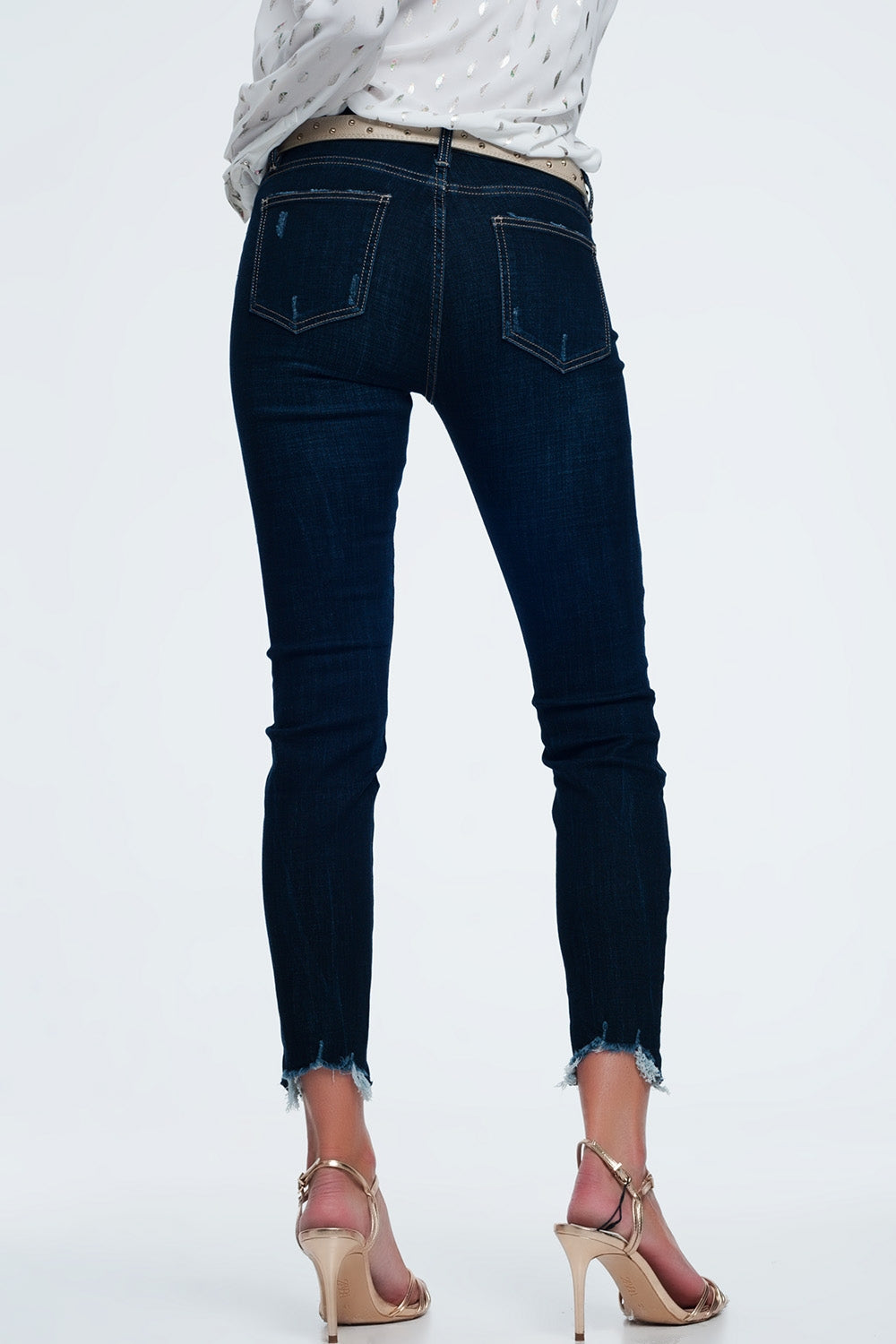 Jean taille mi-haute bleu vif délavé à ourlet brut