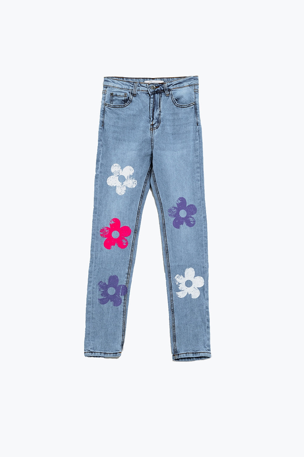 Jeans 5 poches skinny avec fleurs