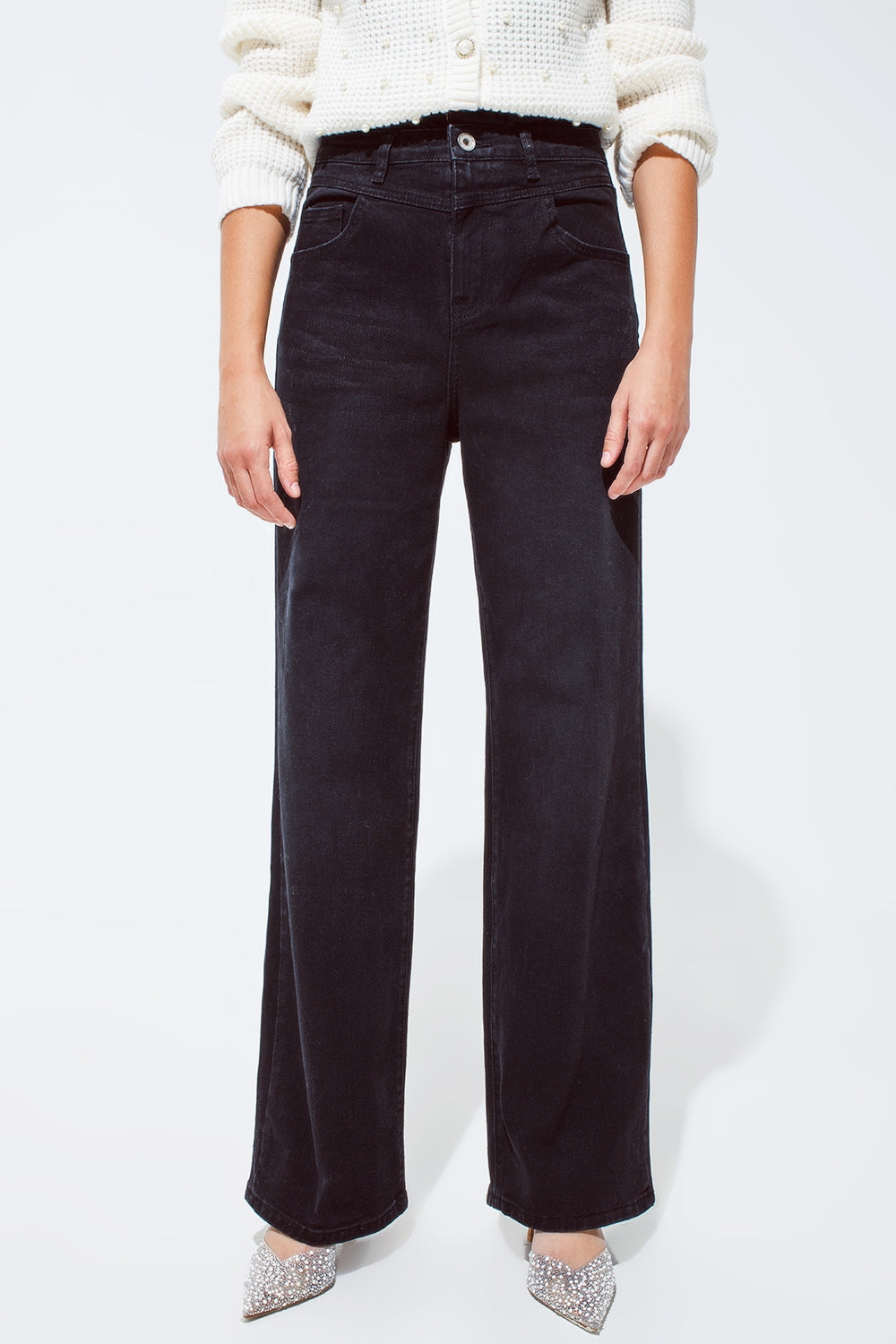Jeans à jambe droite avec surpiqûres à la taille en noir
