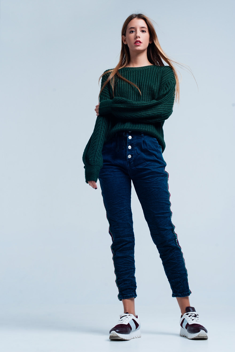 Jeans baggy bleus avec bande de côté