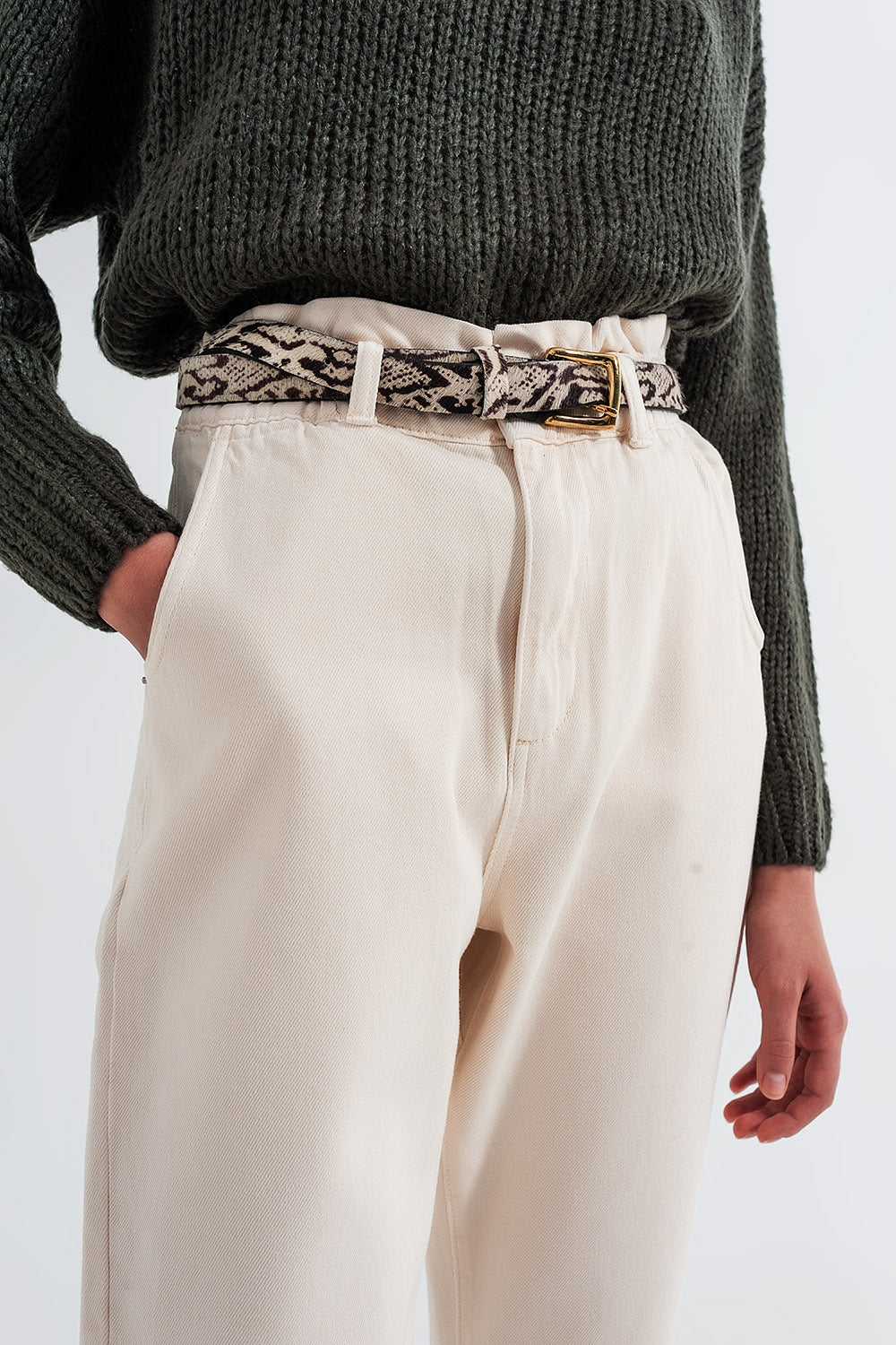 Jeans droit à taille haute paperbag Crème