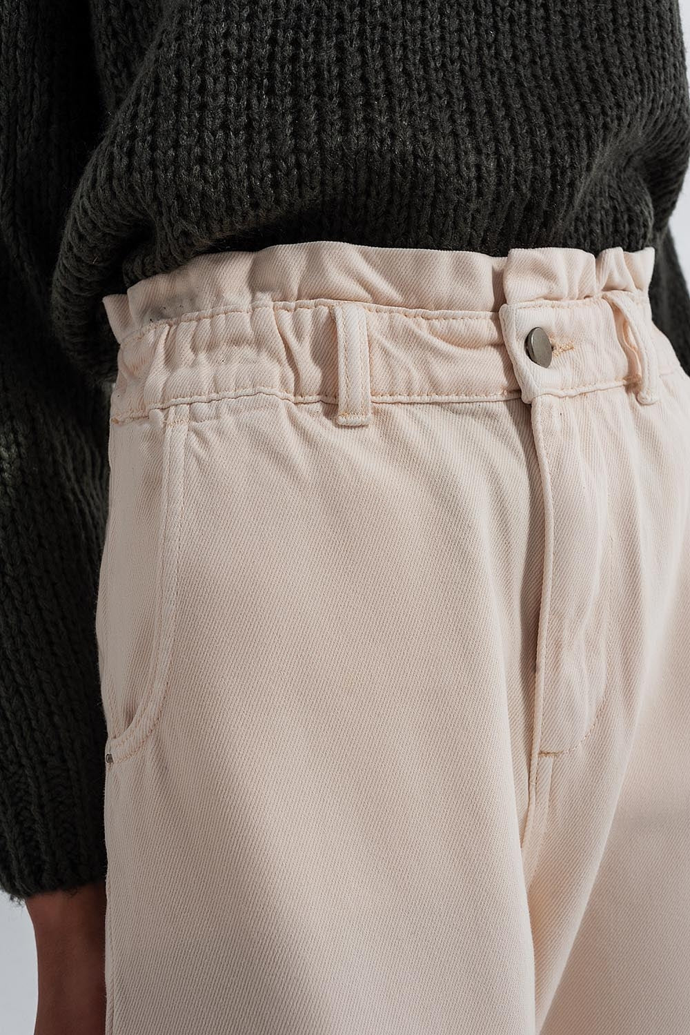 Jeans droit à taille haute paperbag Crème