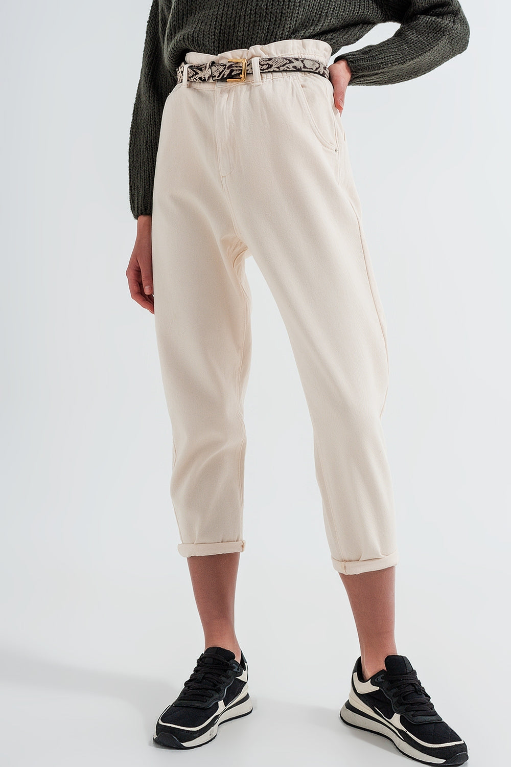 Jeans droit à taille haute paperbag Crème