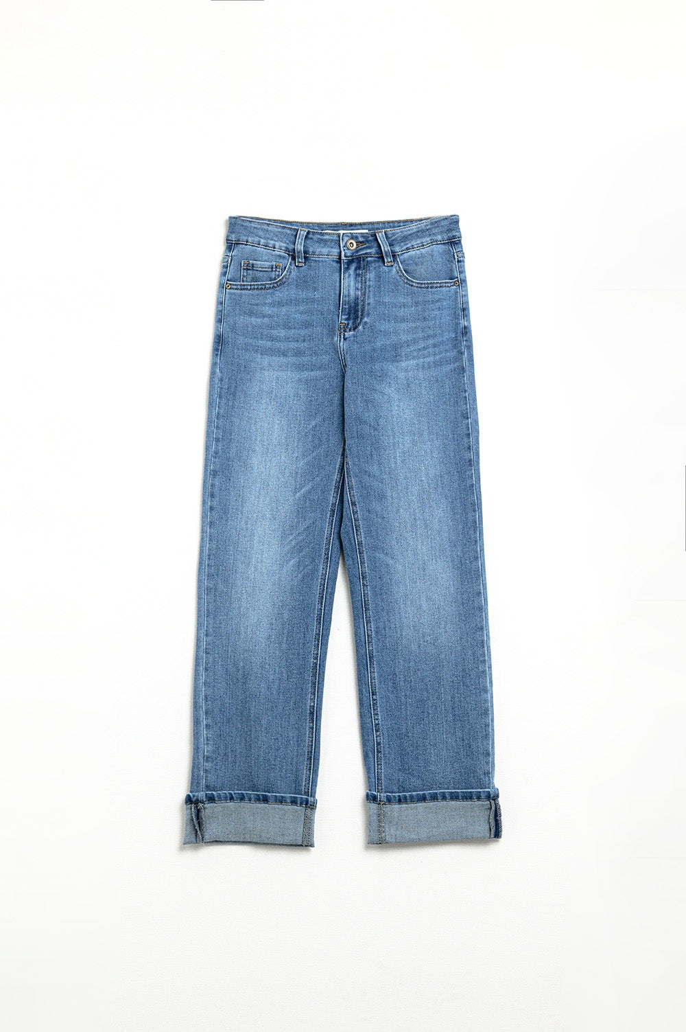 Jeans élastiques en denim à ourlet droit en lavage moyen