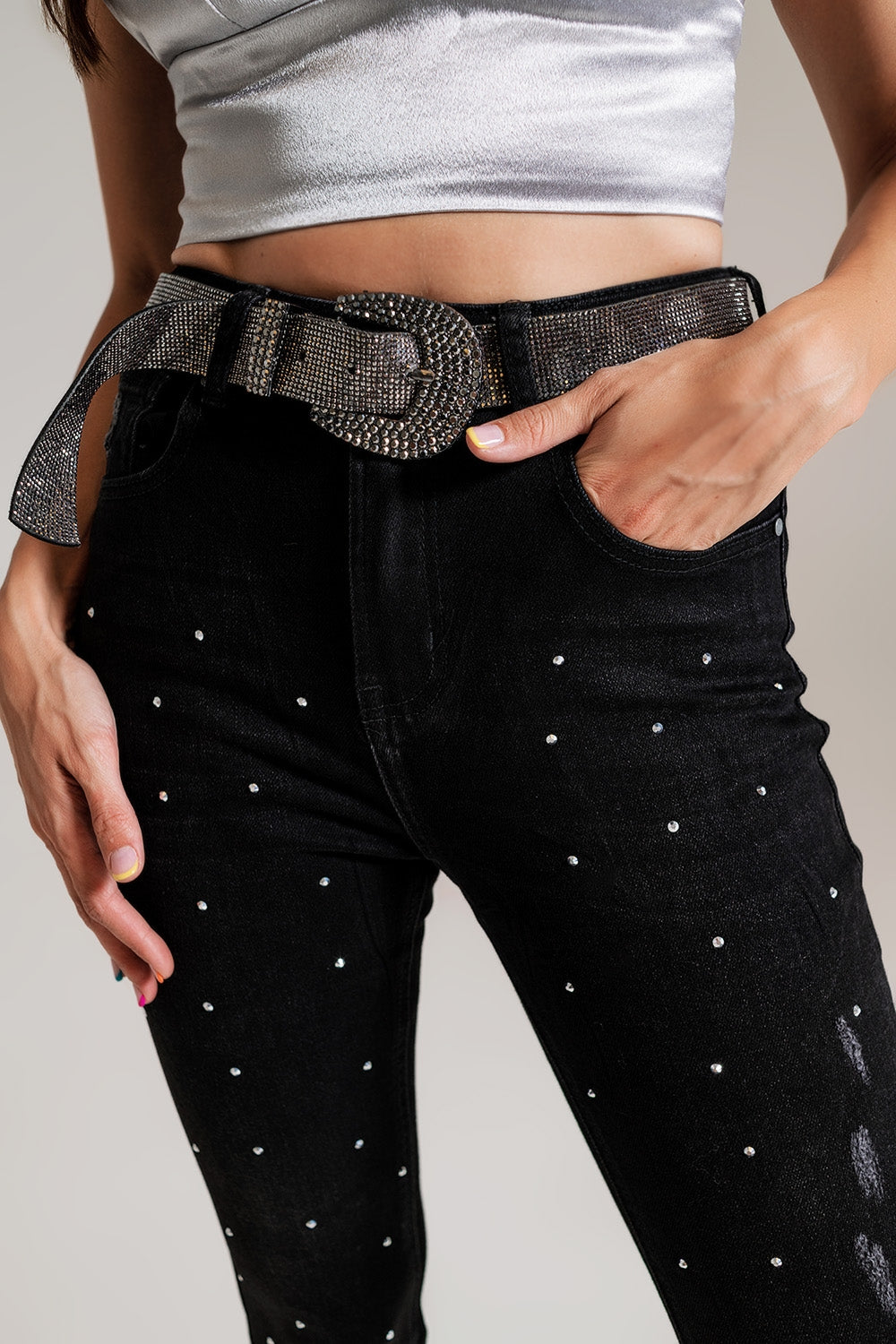 Jeans Skinny avec Détails Ornés en Lavage Noir