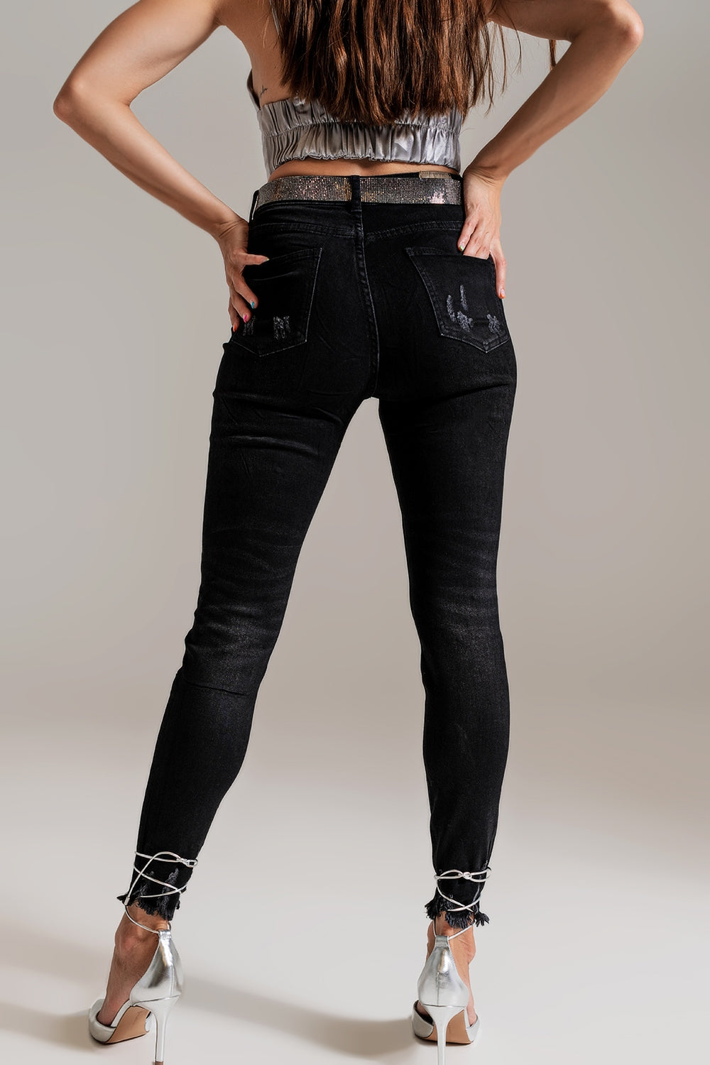 Jeans Skinny avec Détails Ornés en Lavage Noir